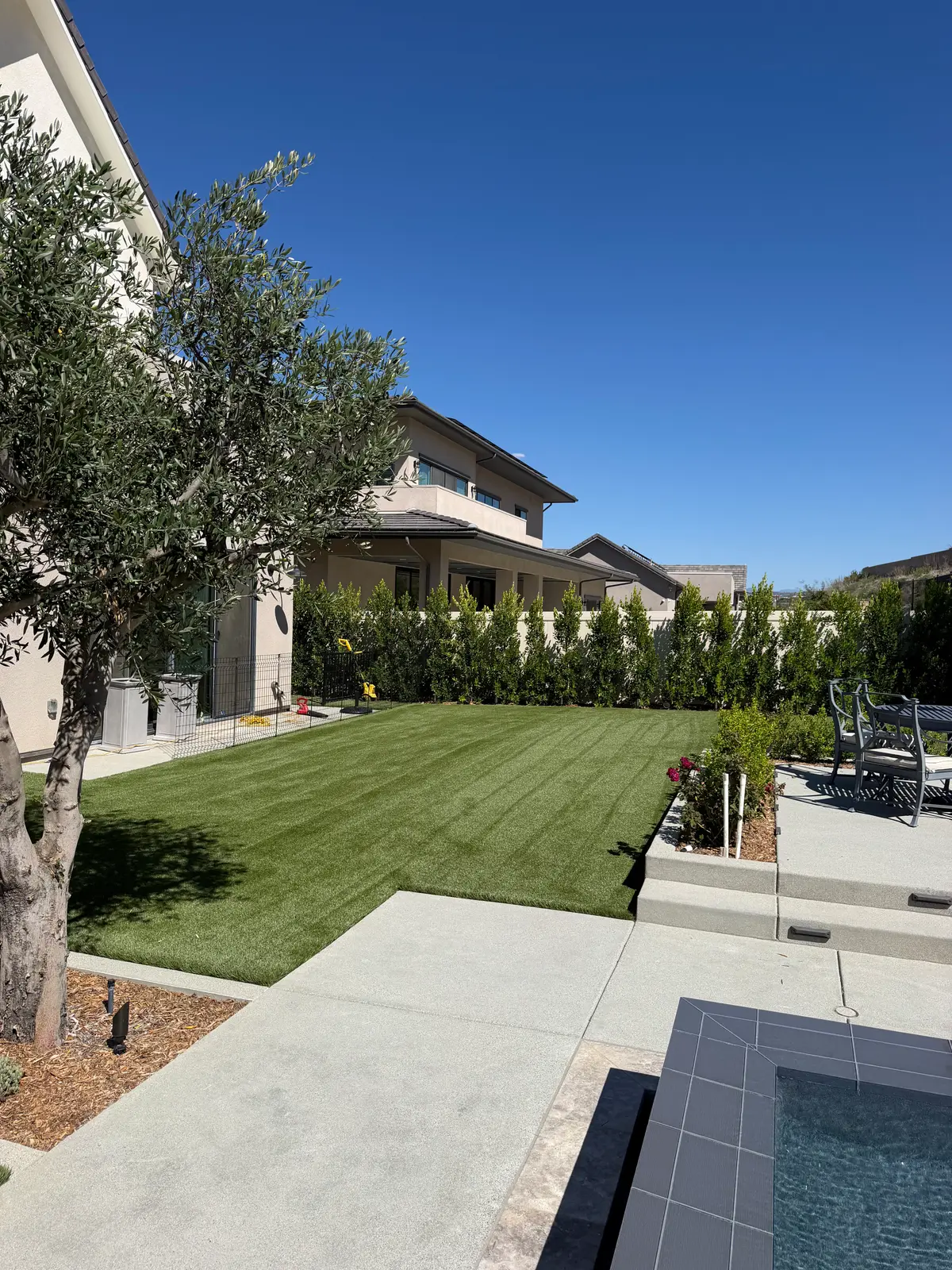 Artificial turf lawn beside an olive tree, concrete patio, and pool